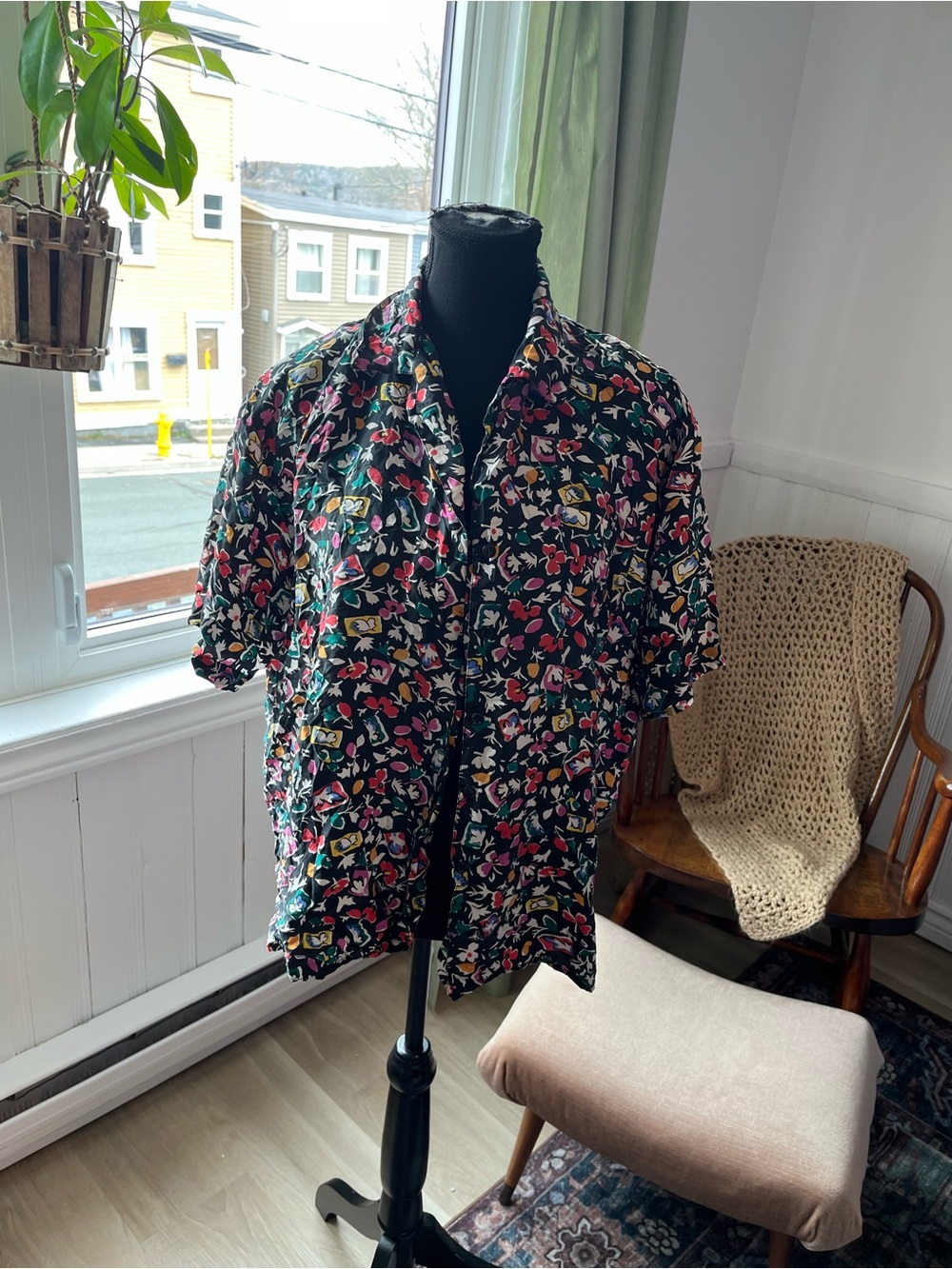 Mens Vintage 100% Silk Short-Sleeve Floral multicolor Button-Up Shirt Size L